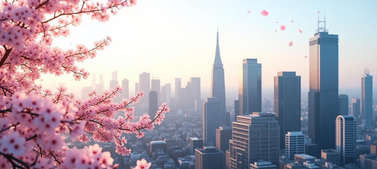 モダンな東京のビジネス街の風景とサクラ